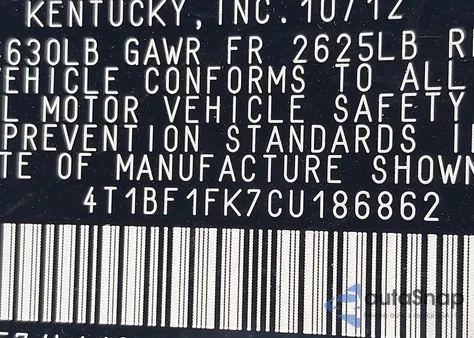 2012 Toyota Camry Xle из США, поврежденный, VIN 4T1BF1FK7CU186862